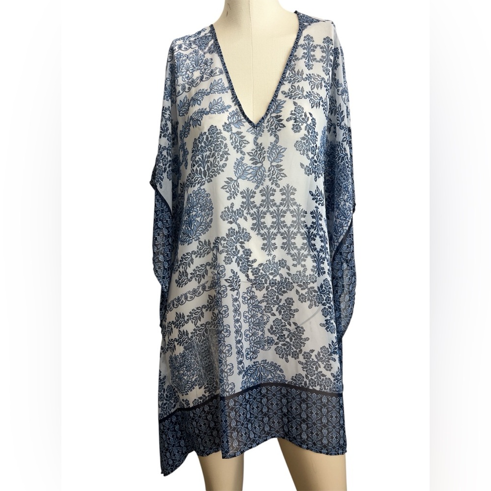 Women’s Tommy Bahama Blue and White Floral V-Neck Cover-Up Short Caftan SZ L